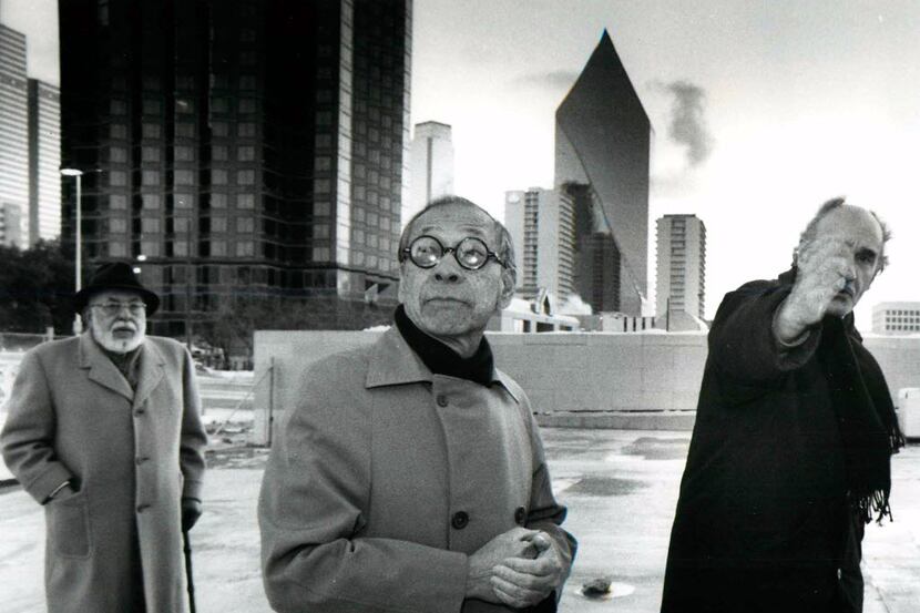 Stanley Marcus (from left), architect I.M. Pei and sculptor Eduardo Chillida brave the...