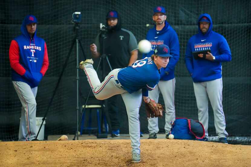 Pitcher TK Roby throws in the bullpen during a Texas Rangers minor league spring camp...
