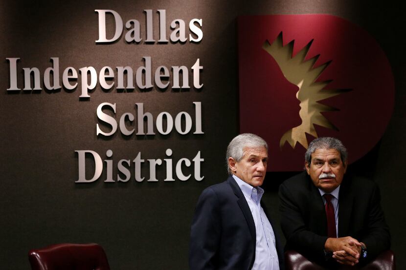 Dan Micciche (left), president of the DISD Board of Trustees, and DISD Superintendent...