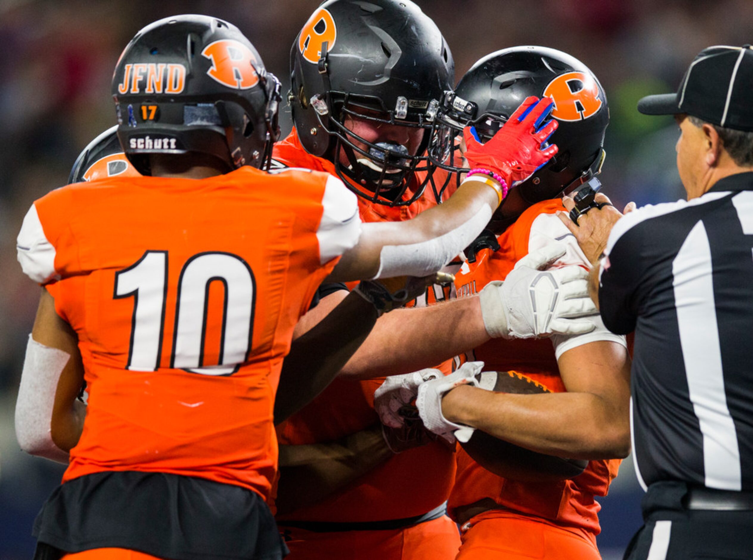 Rockwall wide receiver Jaxon Smith-Njigba (11) celebrates a touchdown during the third...