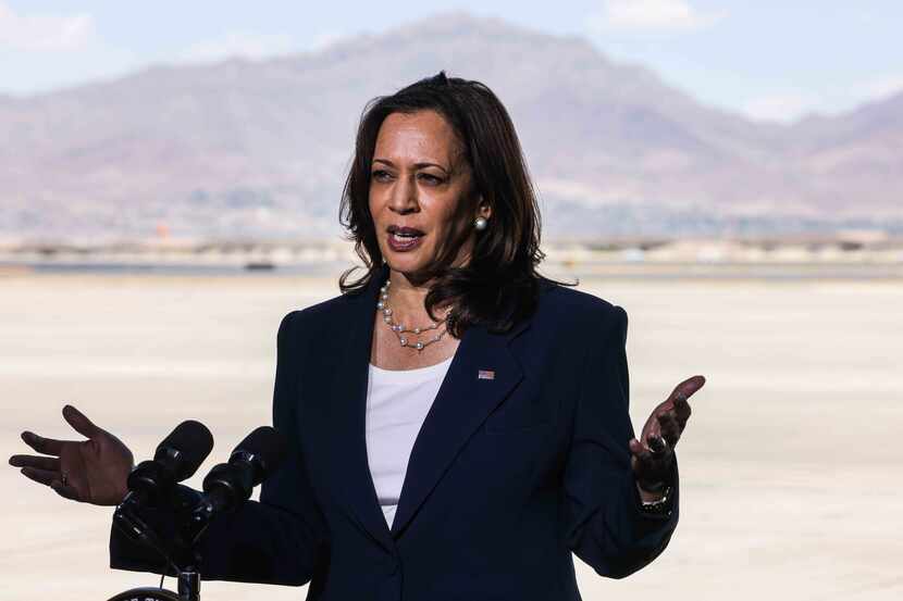 Vice President Kamala Harris speaks with news media at the end of her El Paso border visit...