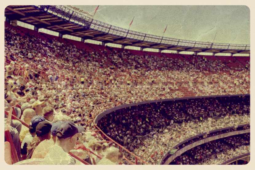 Retro-styled postcard of a crowded baseball (or football) stadium.