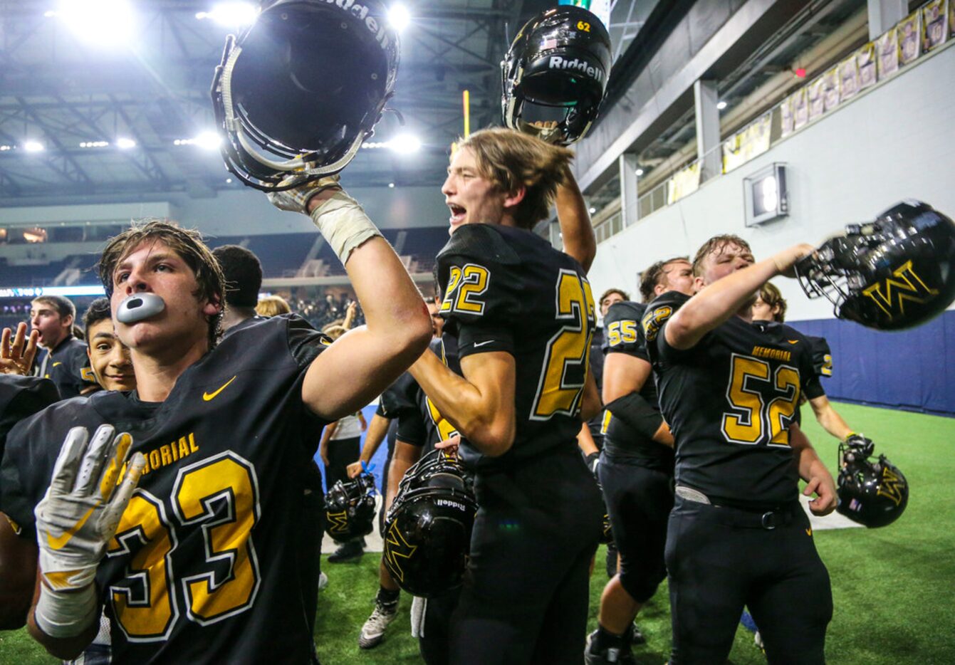 From left, Frisco Memorial players Cole Prengler (33), Chrystian Pirtle (22) and Logan...