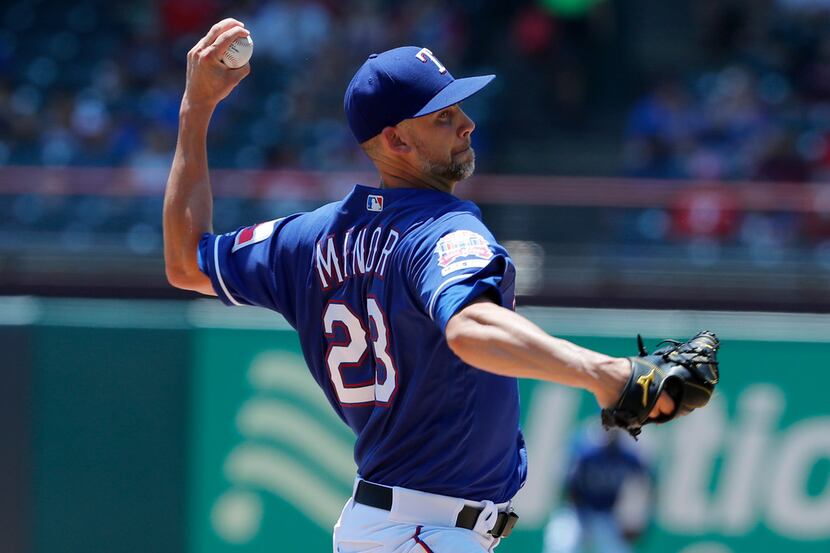 Texas Rangers starting pitcher Mike Minor (23) throws to the Cleveland Indians in the first...
