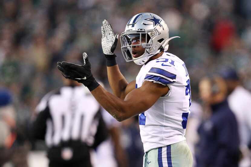 Byron Jones #31 of the Dallas Cowboys reacts during the first half against the Philadelphia...