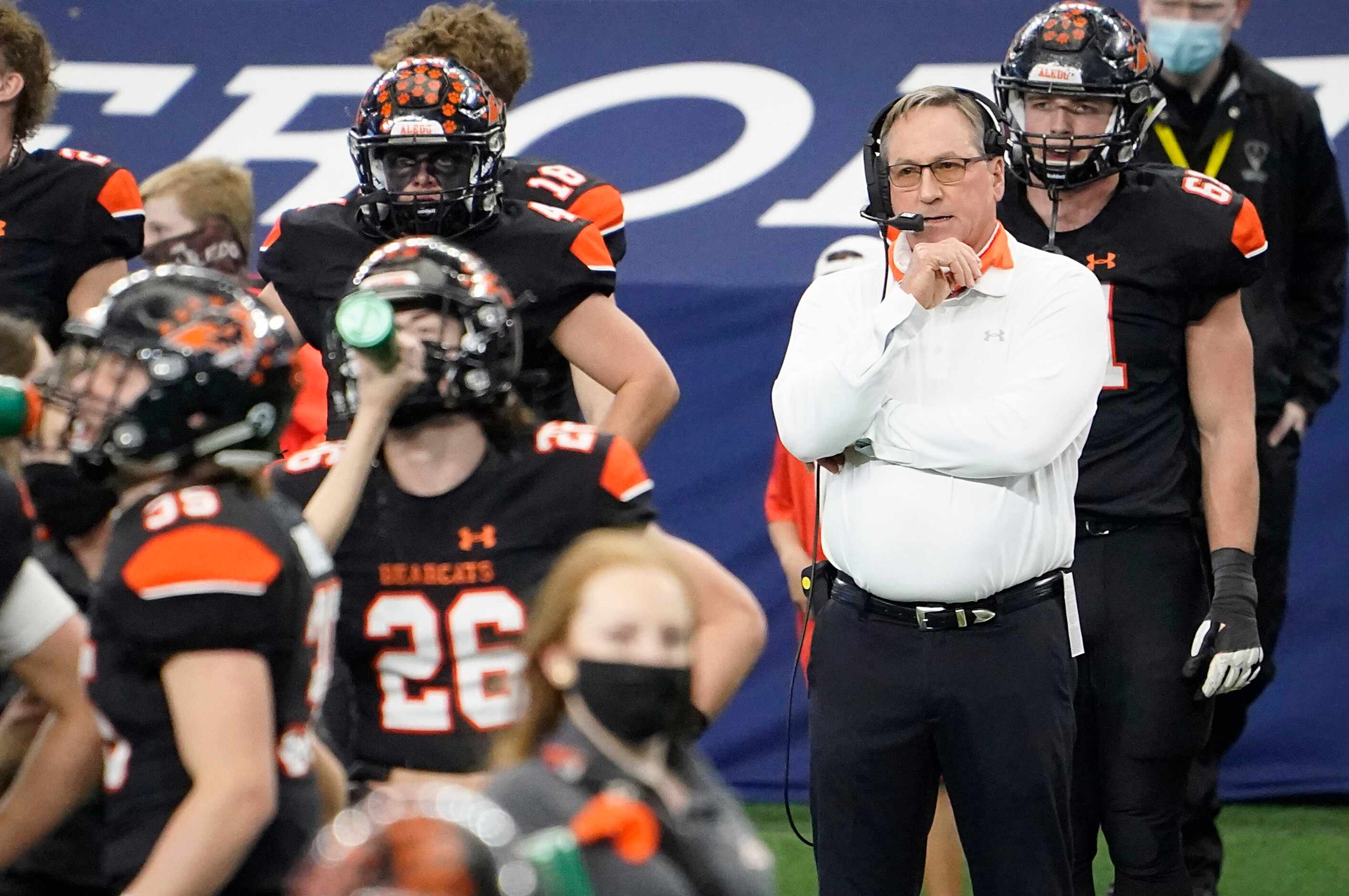 Aledo head coach Tim Buchanan works on the sidelines during the first half of the Class 5A...