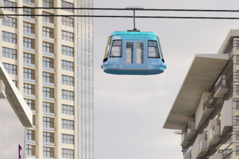 A computer rendering includes a gondola traversing the Dallas Midtown development.