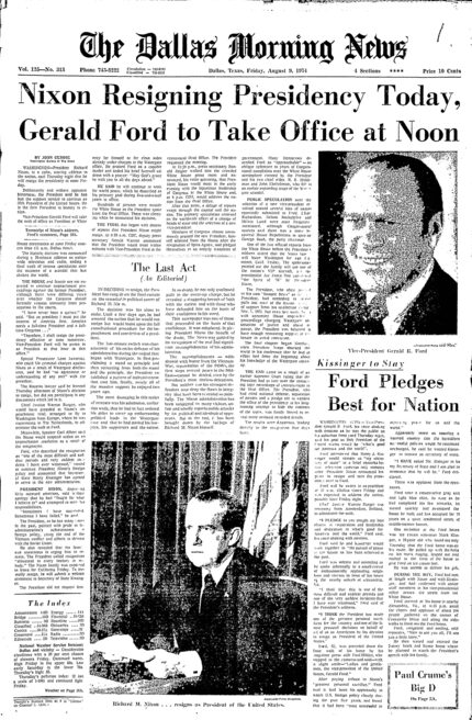 The Dallas Morning News front page from Aug. 9, 1974.