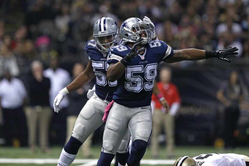 Dallas Cowboys middle linebacker Anthony Hitchens (59) celebrates after sacking New Orleans...