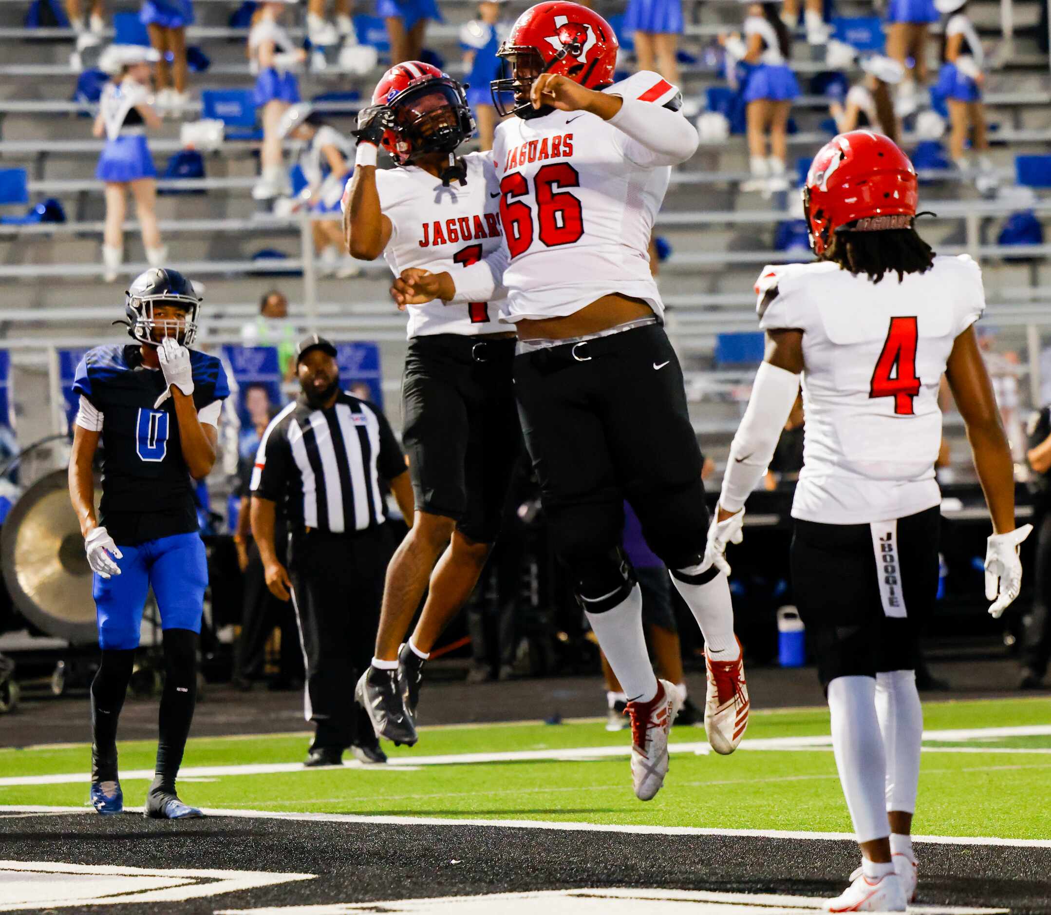 Mesquite Horn’s wide receiver Chris Dawn (1) celebrates catching a touchdown pass against...
