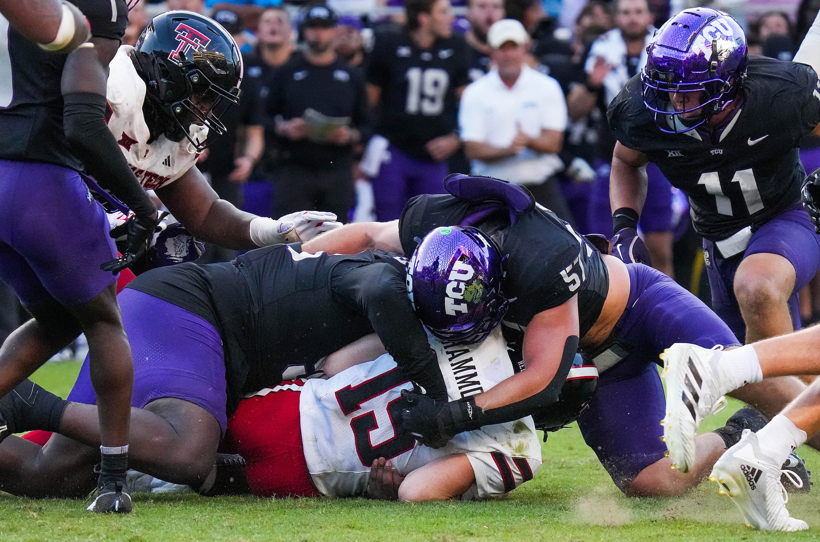 Texas Tech quarterback Will Hammond (15) turns the ball over with a fumble with 1:38 left to...