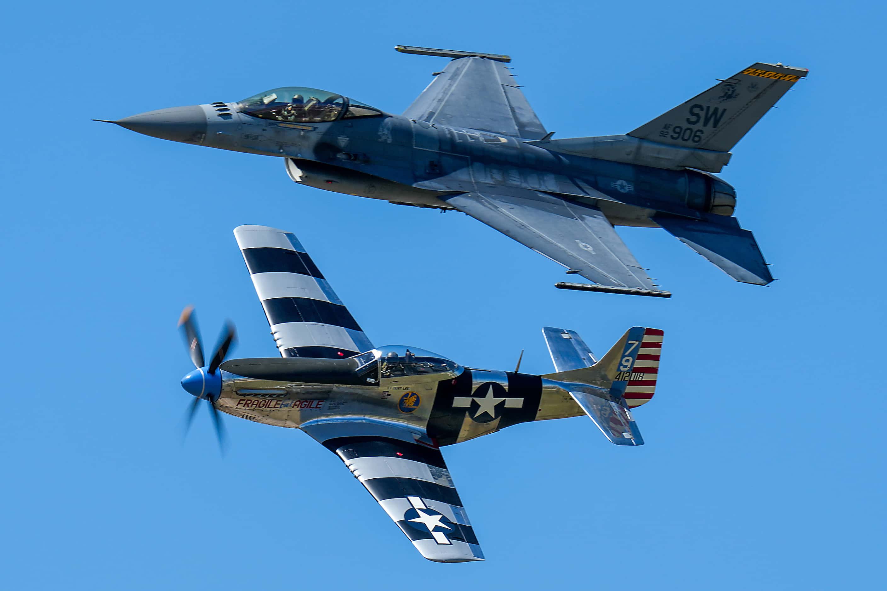 An F-16 in formation with a P-51 at the Wings Over Cowtown Airshow on Sunday, April 14,...