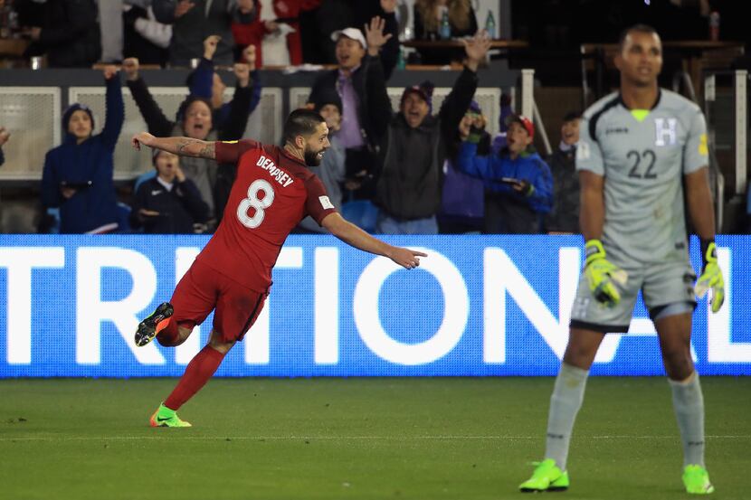 SAN JOSE, CA - MARCH 24:  Clint Dempsey #8 of the United States scores a goal on Donis...