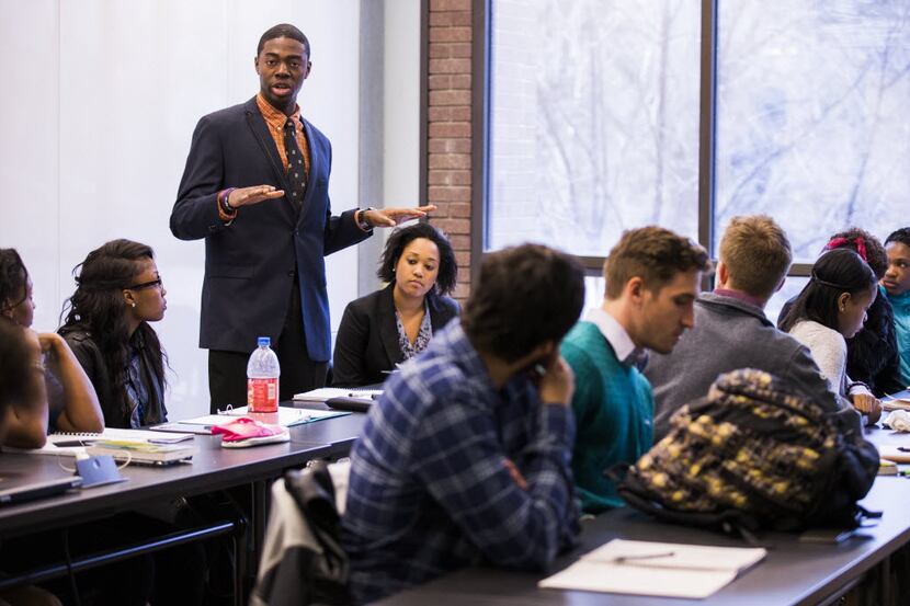 Paul Quinn College student Vincent Owoseni of Brooklyn, N.Y., speaks to other Paul Quinn...