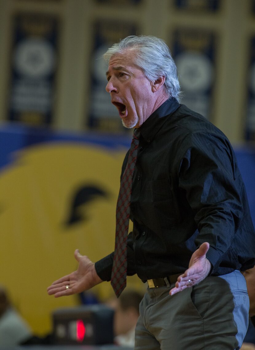 COMMERCE, TX - FEBRUARY 22: Head coach Skip Townsend of the Argyle Lady Eagles reacts to an...