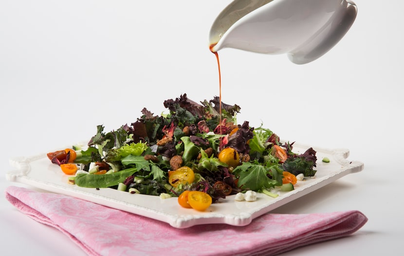 Red Kale and Baby Greens Salad With Candied Pecans, Goat Cheese and Hibiscus Flower Vinaigrette