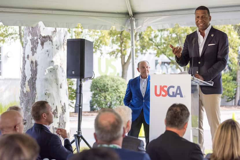 Fred Perpall addresses a United States Golf Association press conference in Aug. 2021....
