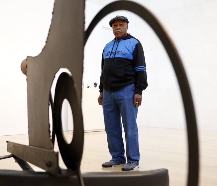 Melvin Edwards poses for a photograph near one of his sculptures, 'The Fourth Circle, 1966,'...