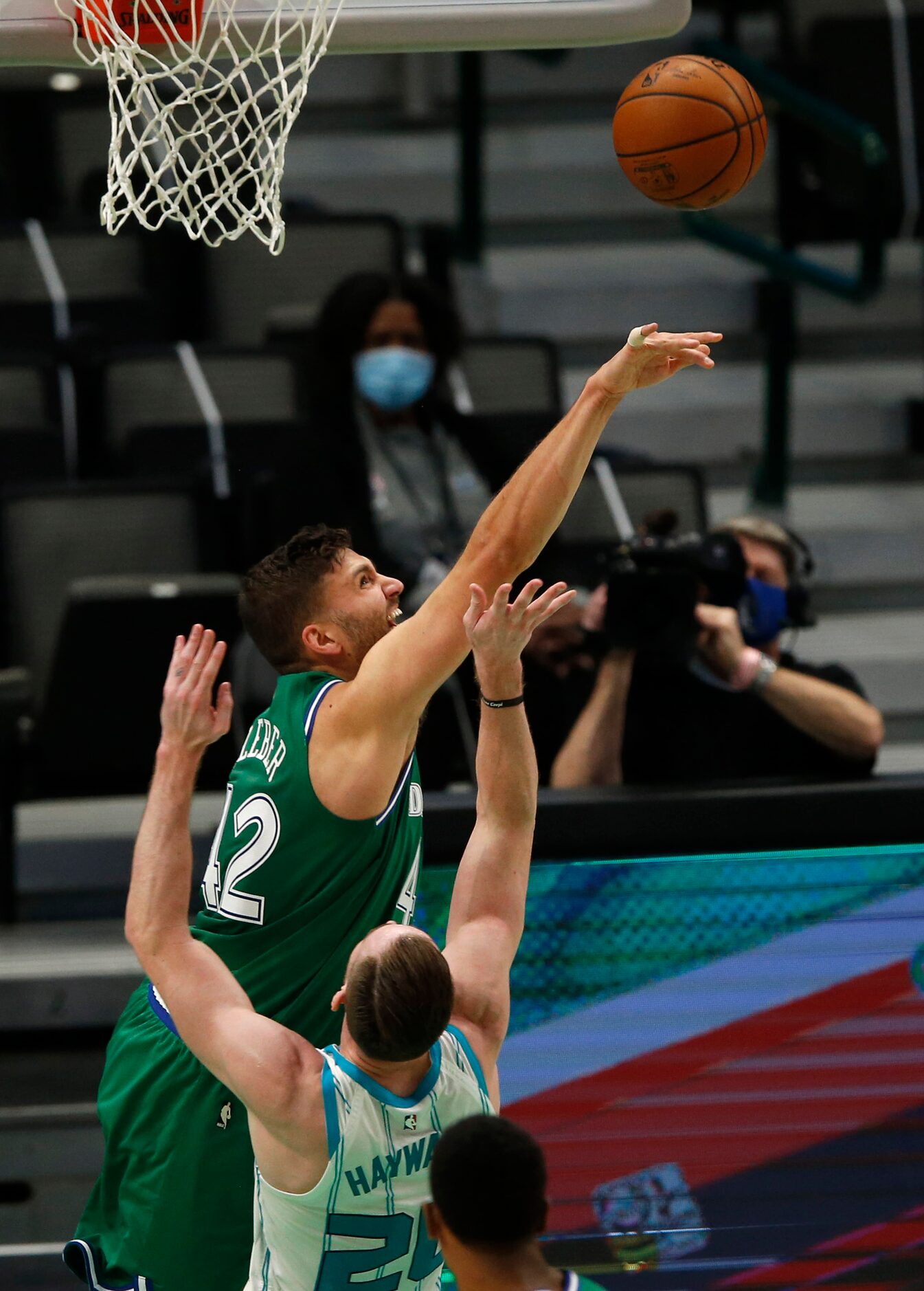 Dallas Mavericks forward Maxi Kleber (42) blocks a shot attempt from Charlotte Hornets...