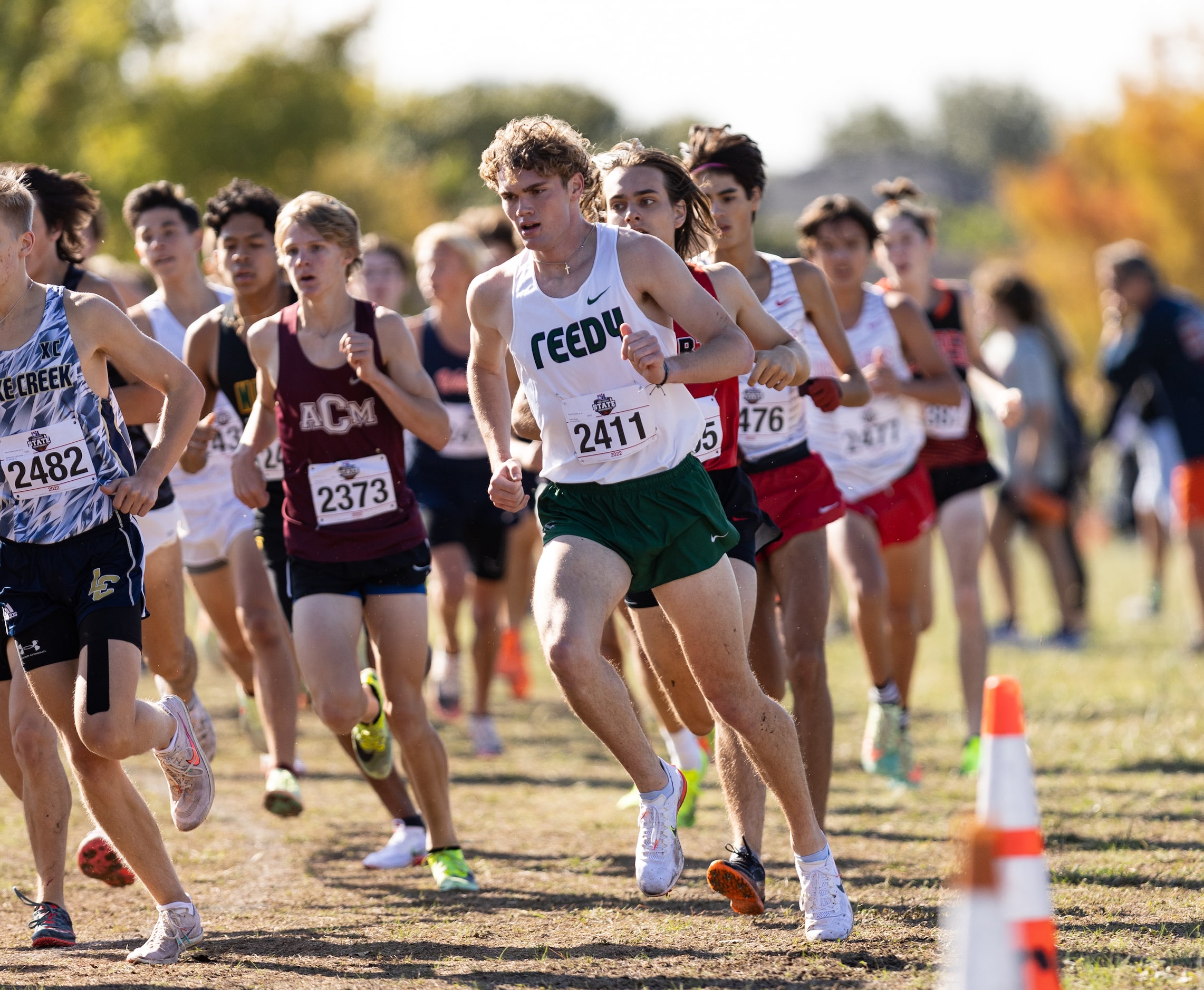 Garrick Spieler of the Frisco Reedy Lions competes in the 5A boys’ 5k race during the UIL...