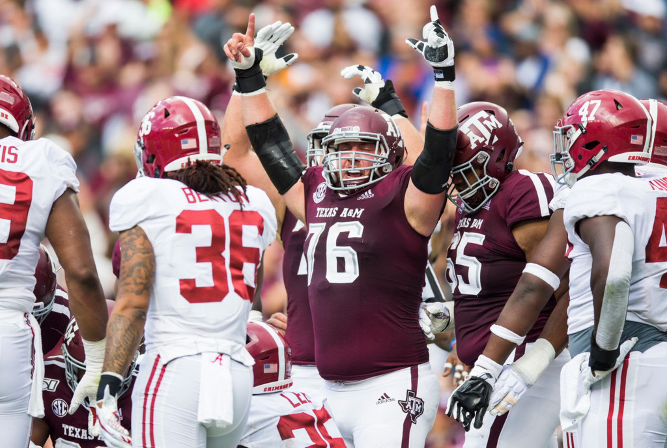 Texas A&M Aggies offensive lineman Colton Prater (76) celebrates after quarterback Kellen...