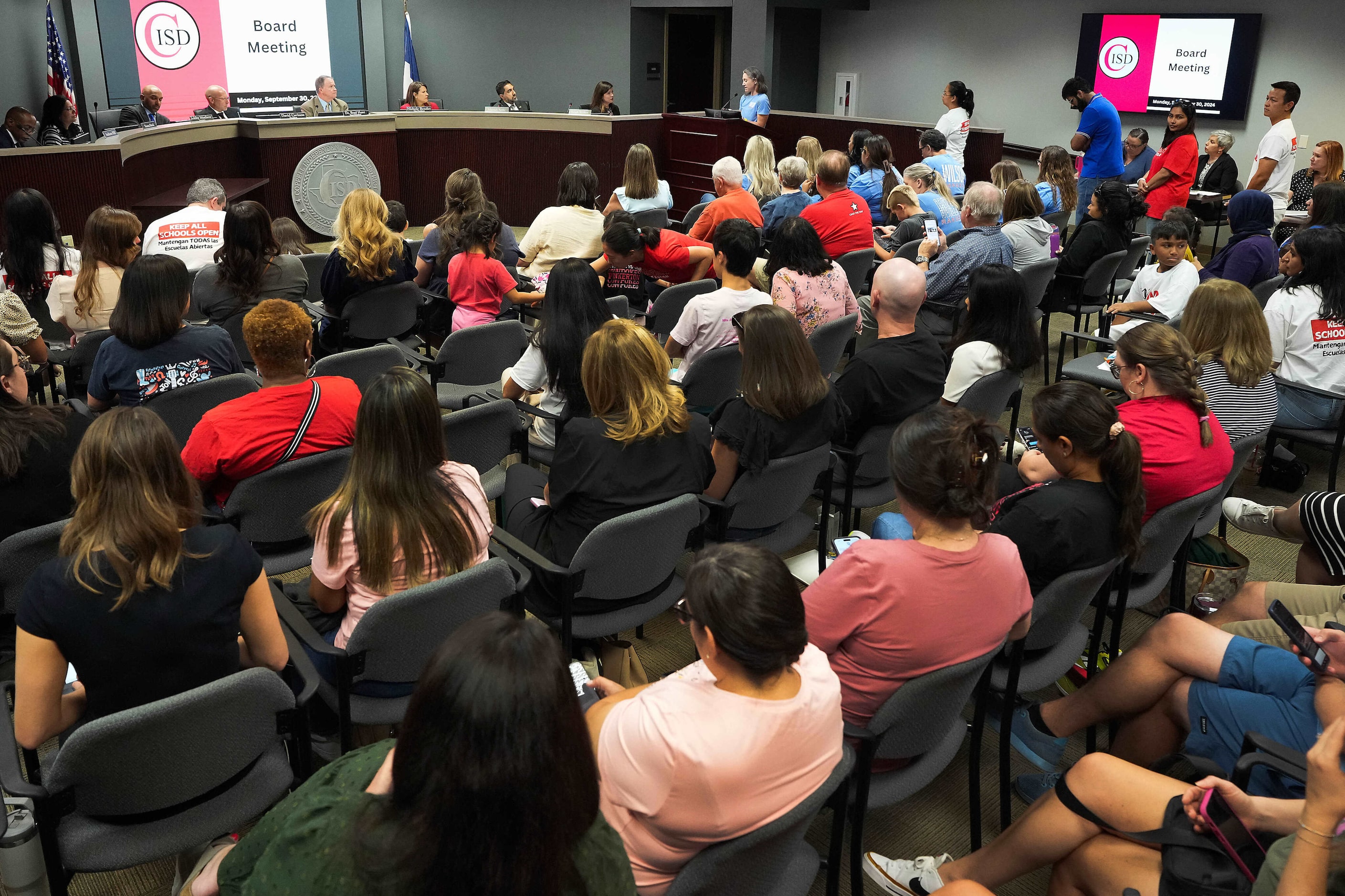 Coppell ISD school board members listen public comment during a board of trustees meeting on...