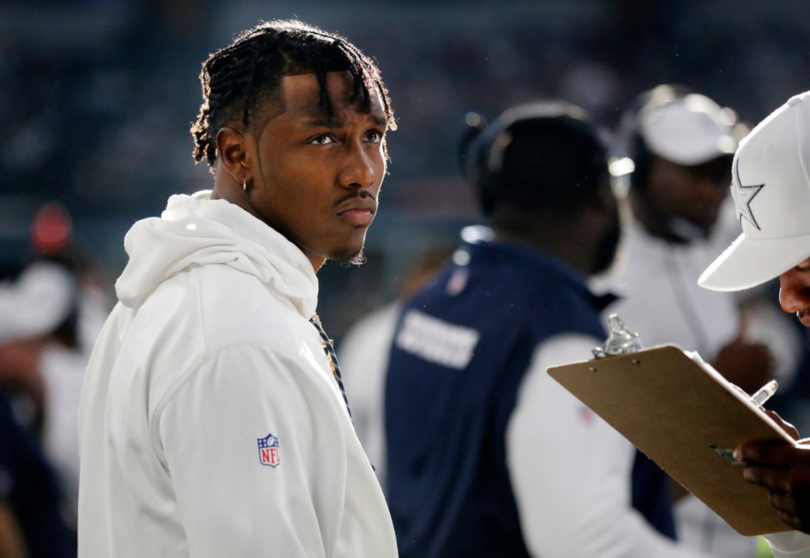 November 05, 2018:.Dallas Cowboys defensive end Taco Charlton (97)  celebrates as the defense forces a turnover.during an NFL football game  between the Tennessee Titans and Dallas Cowboys at AT&T Stadium in  Arlington