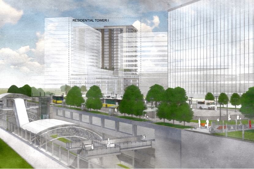 Four towers are planned on what are now the parking lots for the DART commuter rail station.