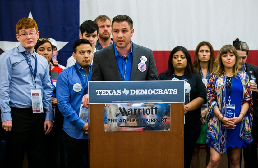 Russell Lytle, Bernie Sanders supporter from Denton county, speaks on behalf of Sanders...