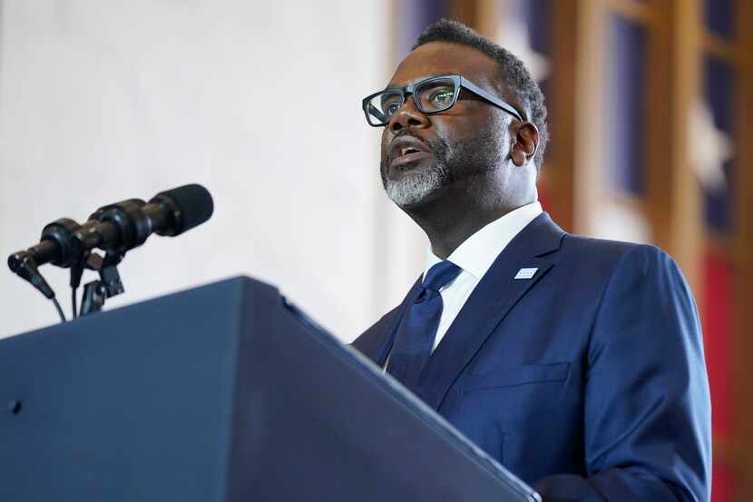 FILE - Chicago Mayor Brandon Johnson addresses the crowd before President Joe Biden delivers...