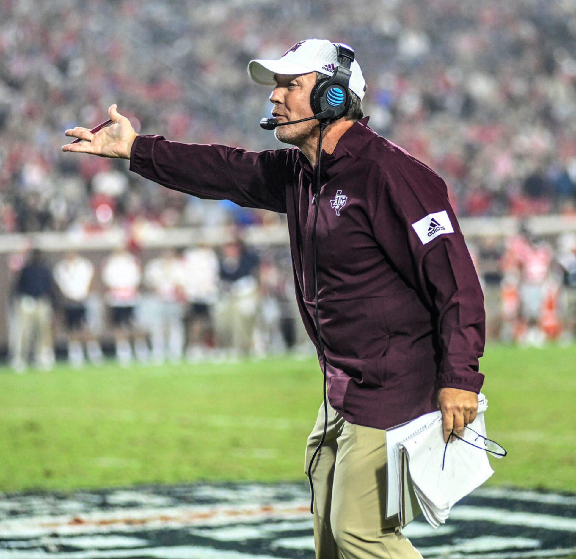 Texas A&M coach Jimbo Fisher gestures during the team's NCAA college football game against...