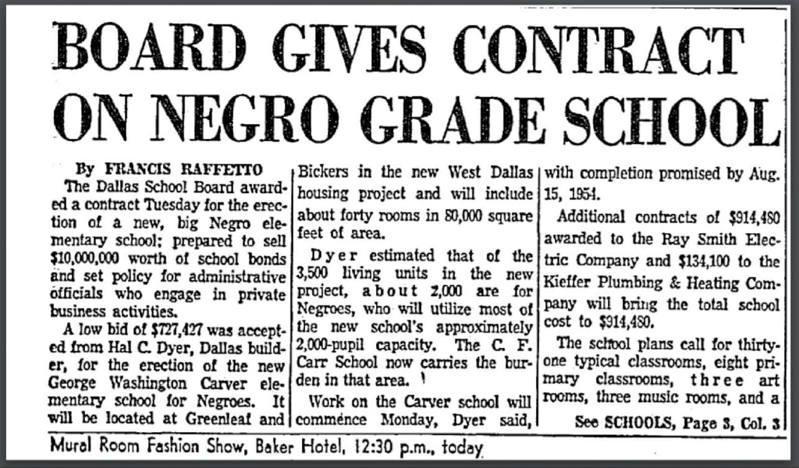 A 1953 newspaper article on plans for Dallas ISD to build George Washington Carver...