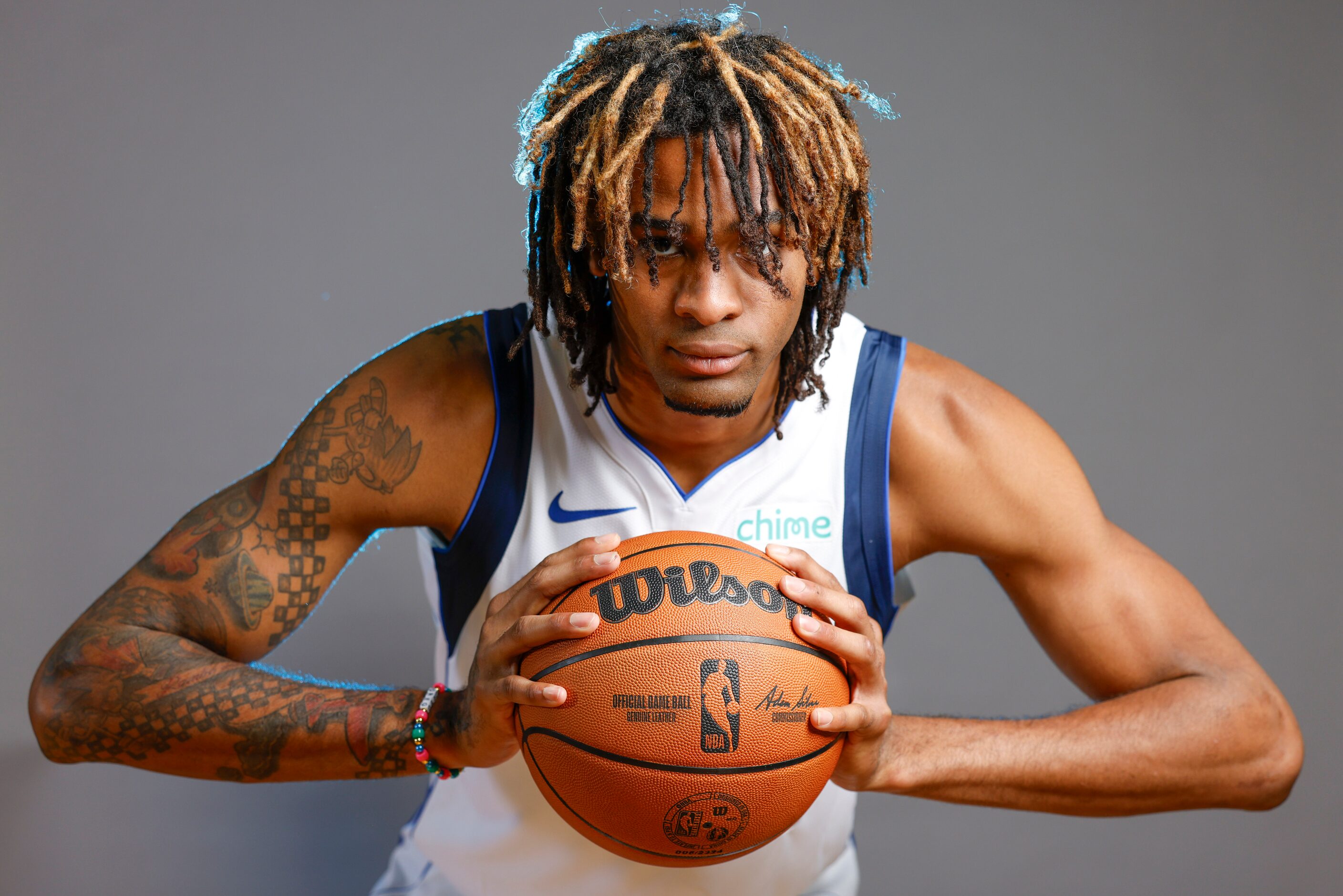 Dallas Mavericks’ Greg Brown III poses for a photo during the media day on Friday, Sept. 29,...