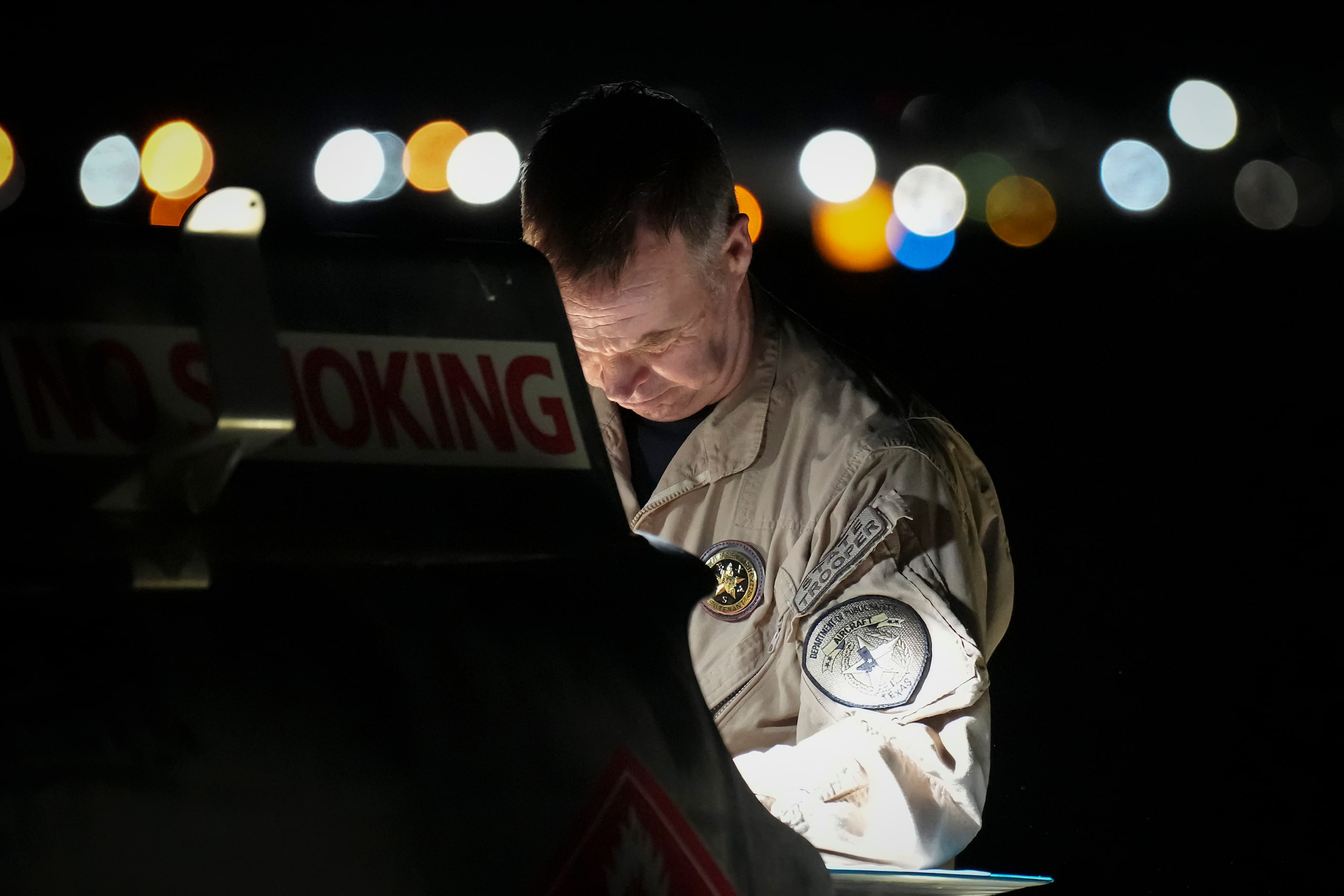 Texas Department of Public Safety pilot Lt. Donny Kindred stop to refuel a DPS helicopter on...