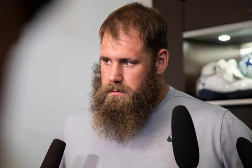 Dallas Cowboys center Travis Frederick (#72) talks to reporters after a team meeting at The...