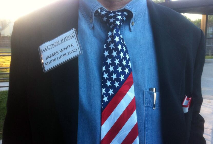 Election Judge James White shows off his patriotic neckware while working the polling place...
