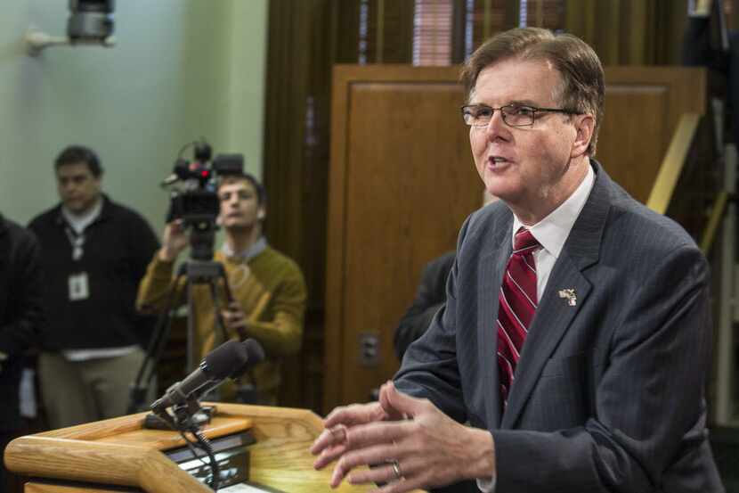 Dan Patrick in a Jan. 8 media conference in the Capitol.