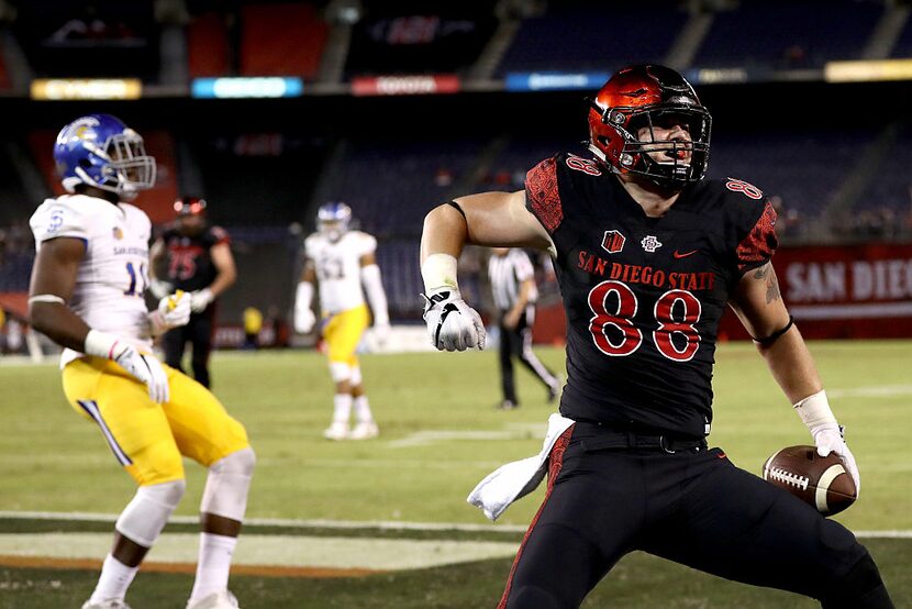 SAN DIEGO, CA - OCTOBER 21:  David Wells #88 of the San Diego State Aztecs reacts to scoring...