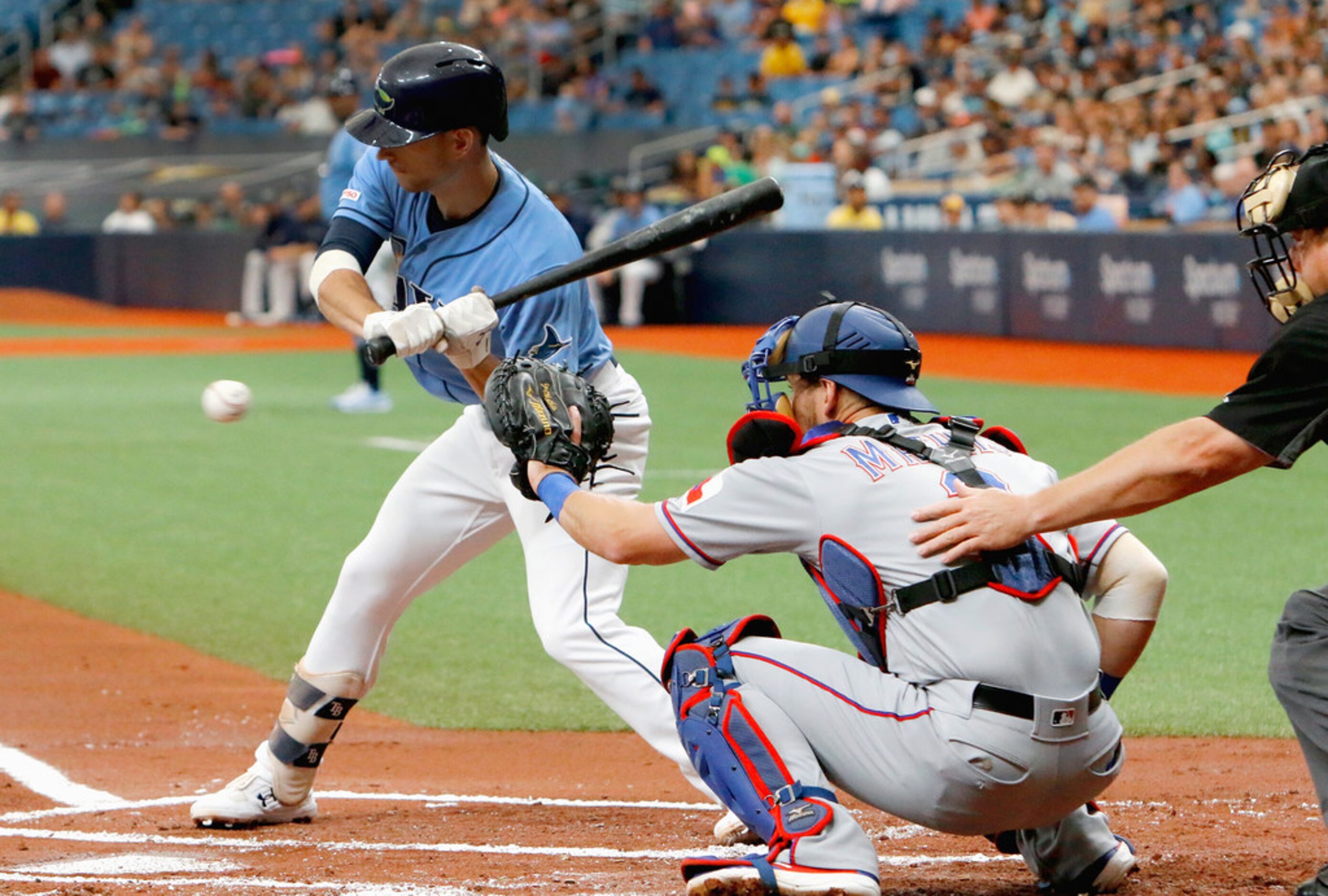 ST. PETERSBURG, FL - JUNE 30:  Joey Wendle #18 of the Tampa Bay Rays takes a pitch as Jeff...