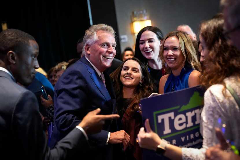 Terry McAuliffe greeted supporters after winning the Democratic primary for Virginia...