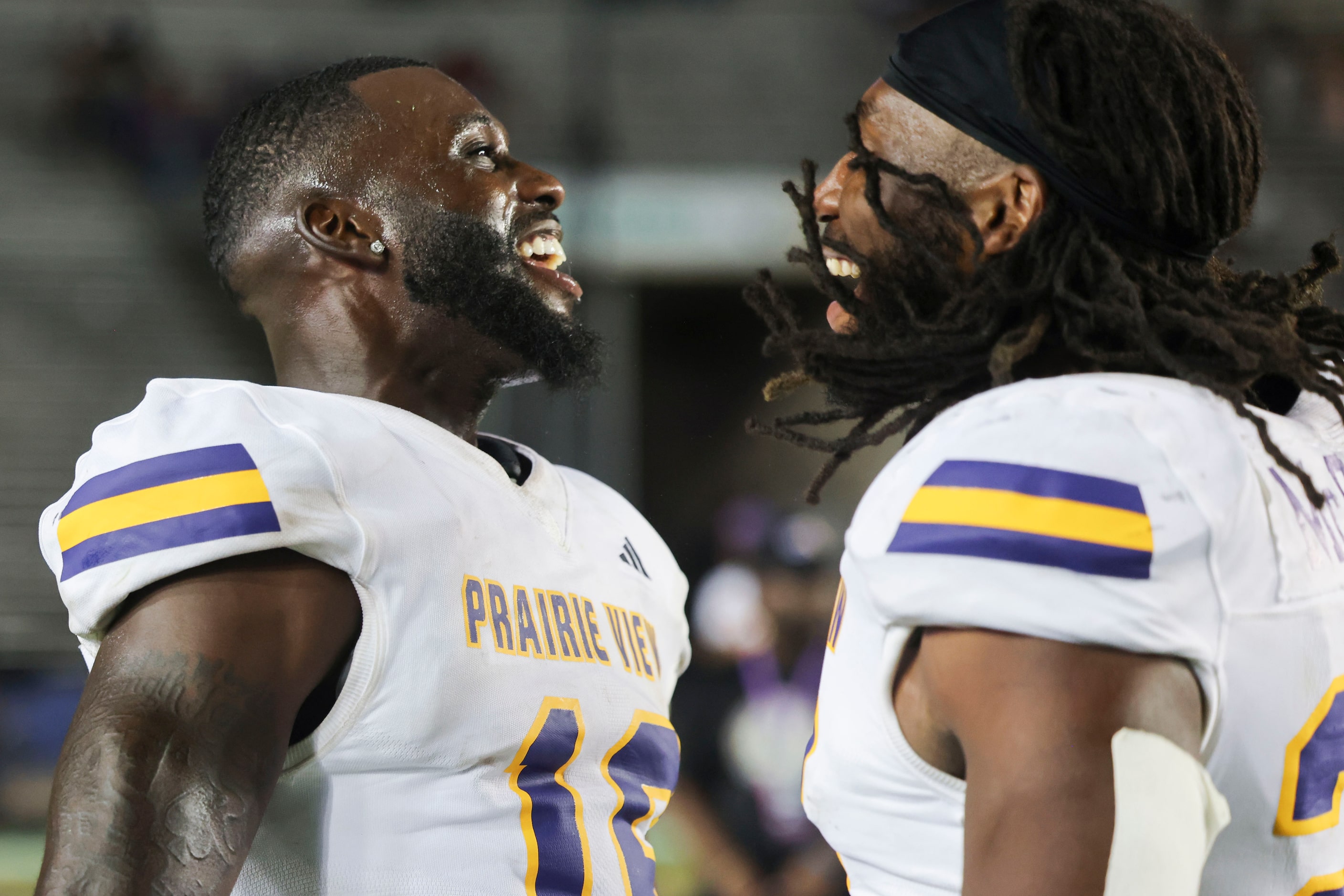 Prairie View A&M players celebrate after the overtime win  against Grambling State in the...