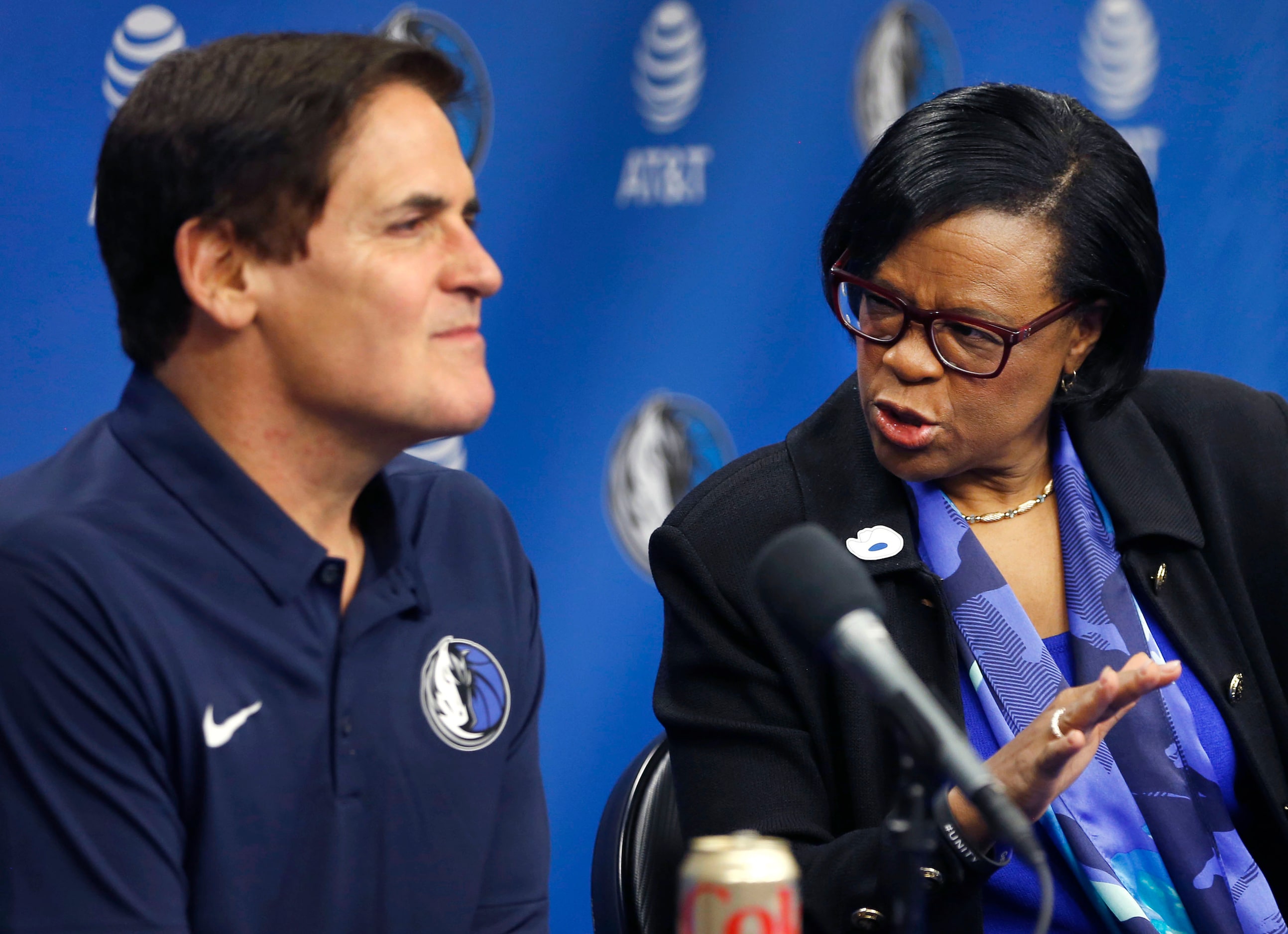 February 26, 2018: Dallas Mavericks CEO Cynthia Marshall advises owner Mark Cuban on an...