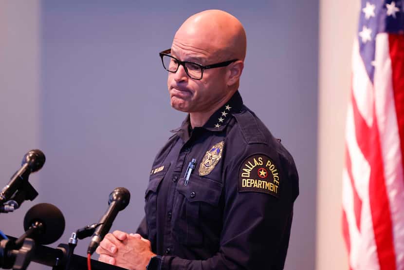 Dallas police Chief Eddie García reacts during a press conference about an officer who shot...