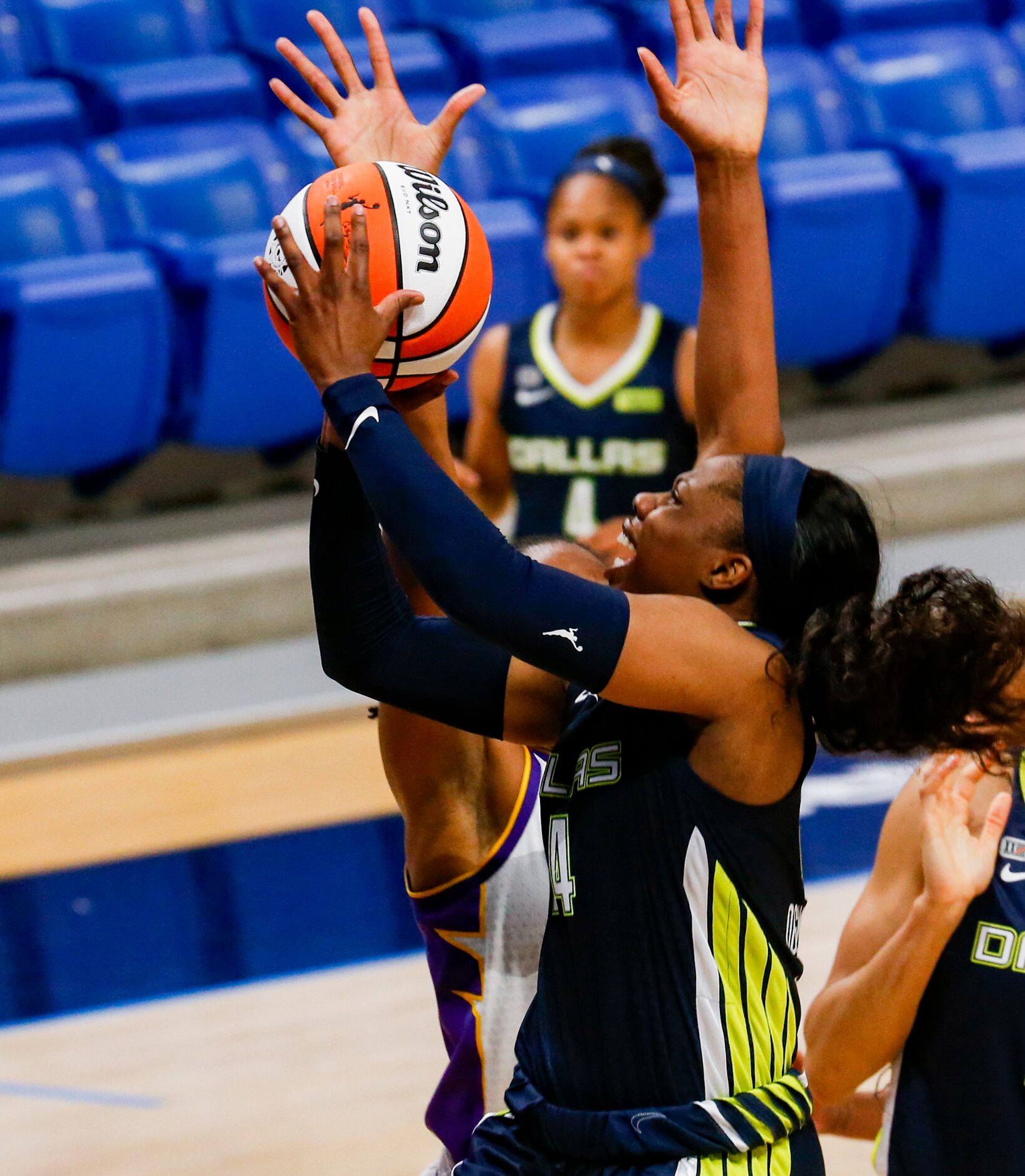 Dallas Wings guard Arike Ogunbowale (24) goes for a shot in the second quarter against the...