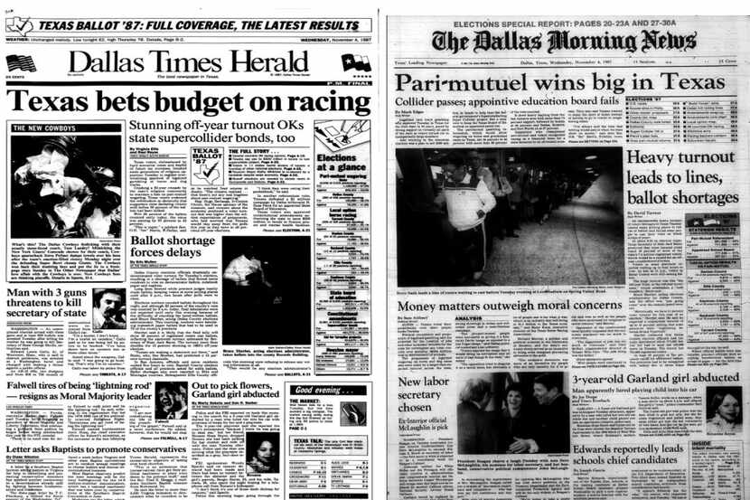 The Dallas Morning News and The Dallas Times Herald as they appeared Nov. 4, 1987.