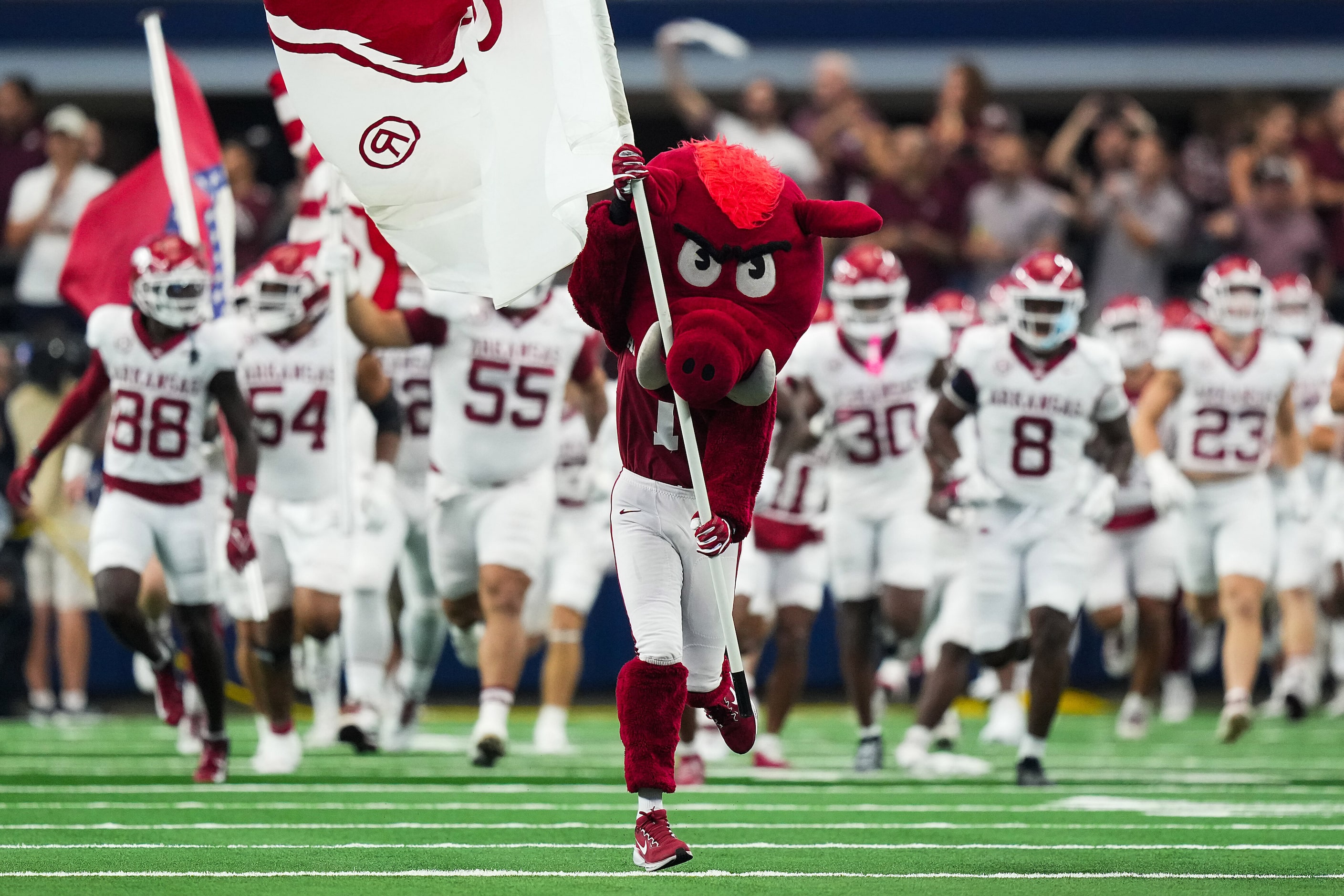 The Arkansas mascot leads the team as they take the field before an NCAA football game...