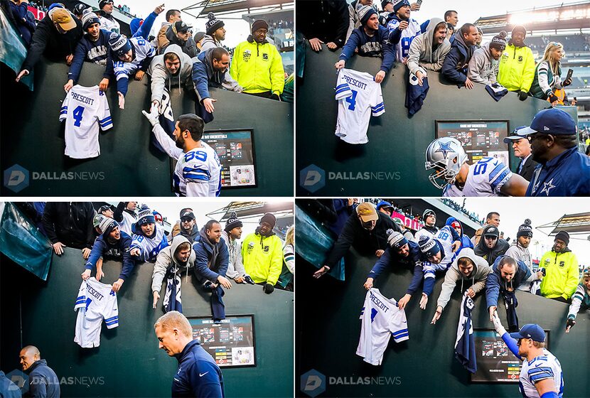 The same Cowboys fan can be seen draping his Dak Prescott jersey in front of Gavin Escobar,...