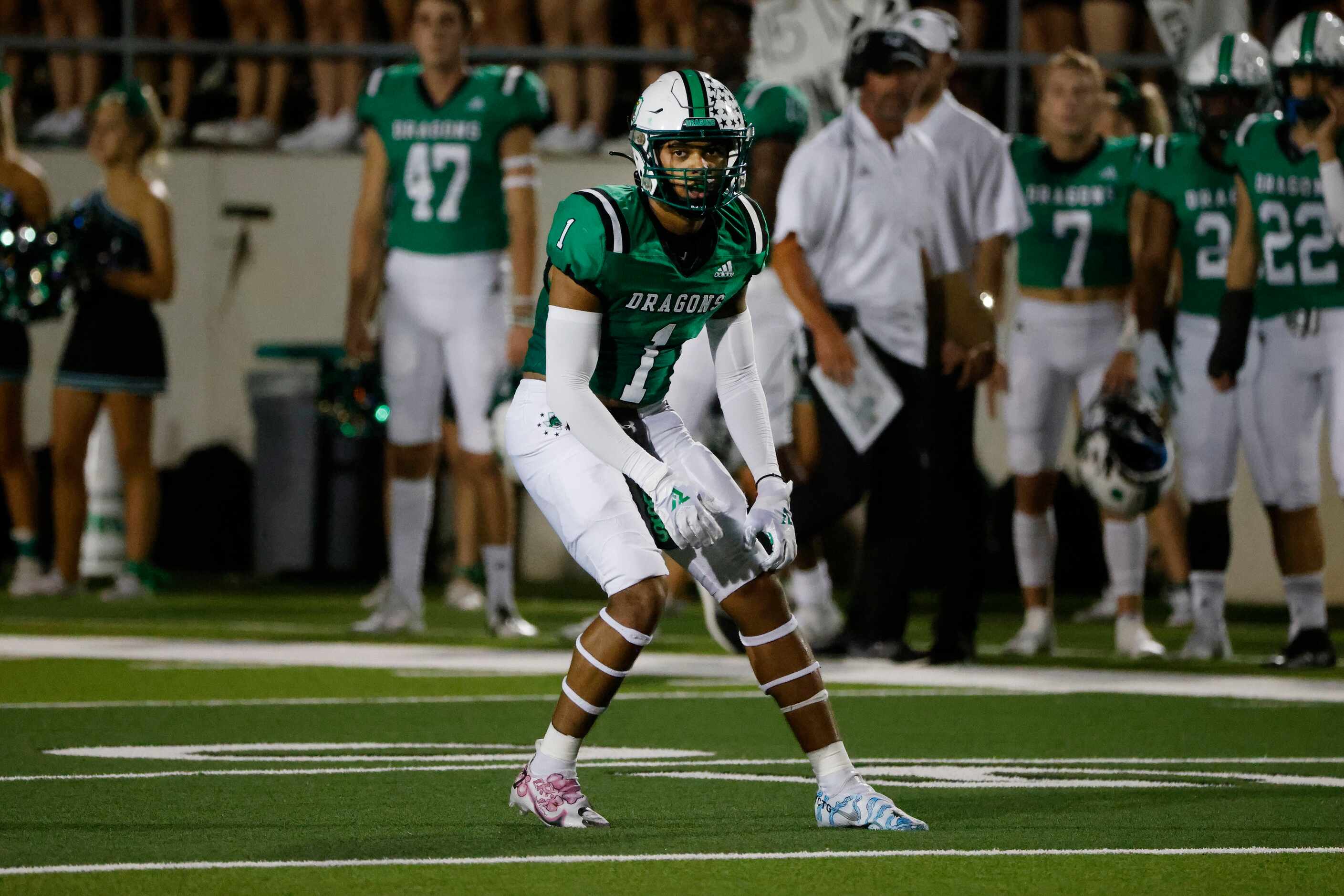 Southlake defensive back Avyonne Jones (1) defends against Arlington Martin during a high...