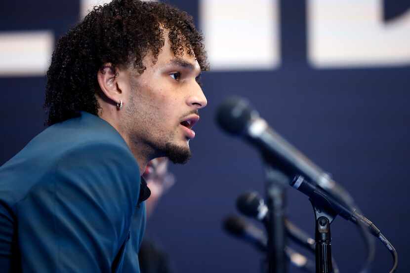 Newly drafted Dallas Mavericks players Dereck Lively II of Duke answered questions from the...