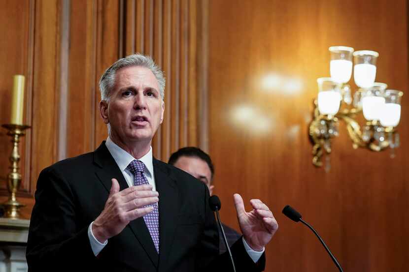 Speaker of the House Kevin McCarthy, R-Calif., speaks to the media about efforts to pass...